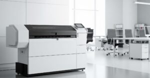 A modern large format printer in a professional office setting