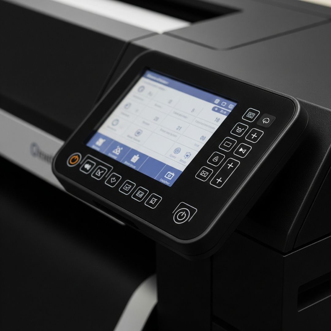 A close-up of a high-tech printer's control panel and touch screen