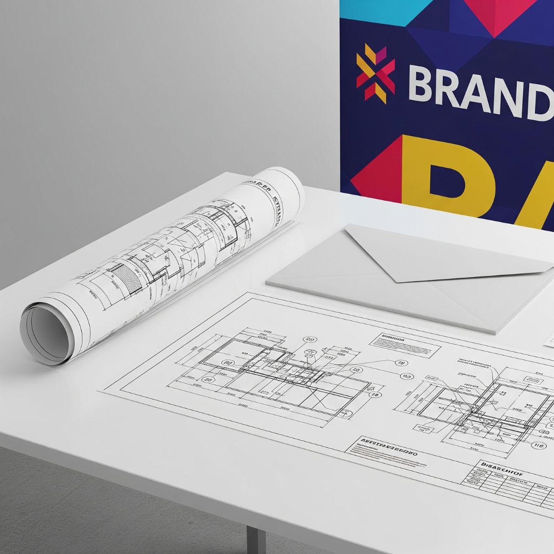 A flat-lay of a blueprint, banner, and technical drawing