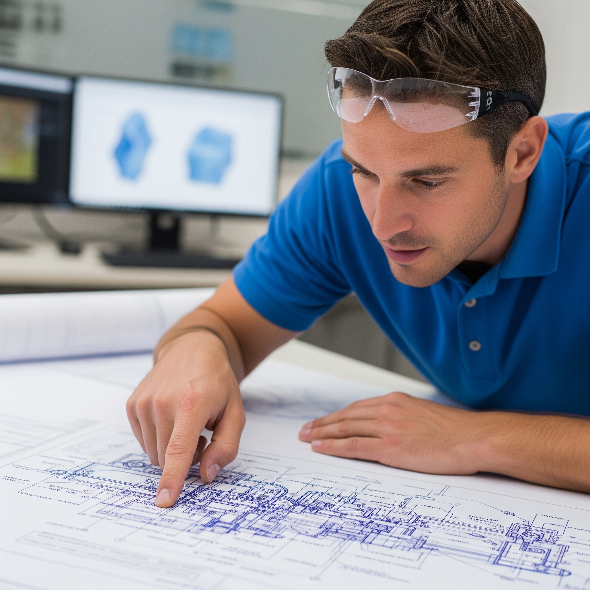 a man looking at blueprints