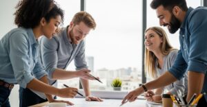 A team of diverse architects reviewing a blueprint.