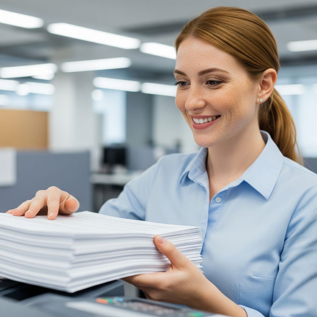An office worker smiling while collecting stacked prints.
