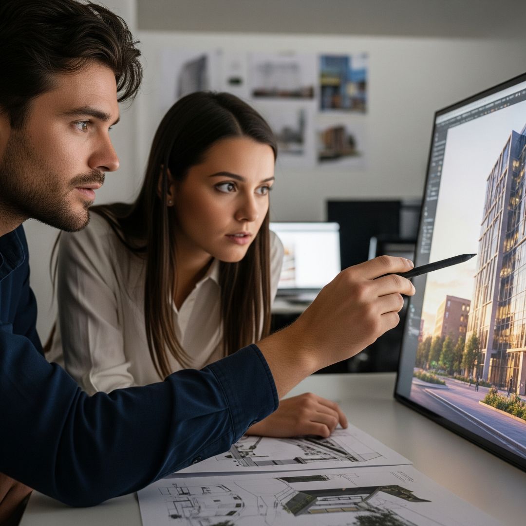 Two professionals closely inspecting a vibrant, high-quality architectural rendering.