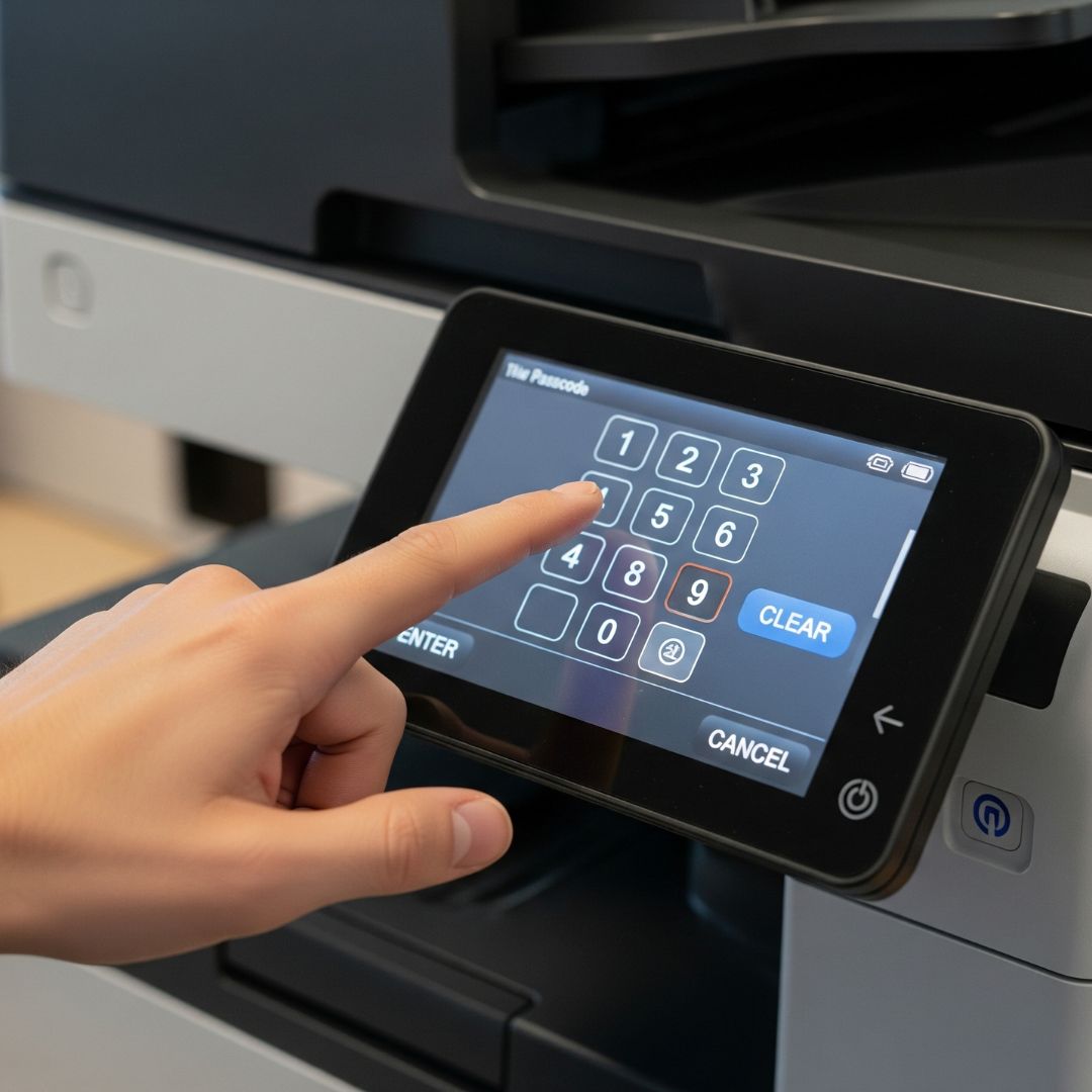A close-up shot of a person's finger pressing buttons on a secure digital interface on an office machine's screen.