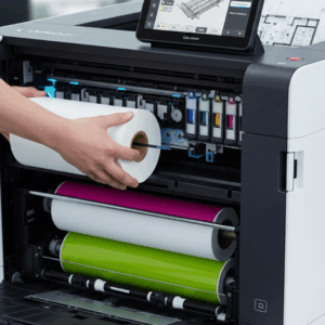 A team member easily loading a large paper roll into a printer, demonstrating intelligent media handling.