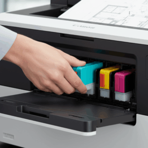 A user's hand changing an ink tank on the fly while the printer continues its job.