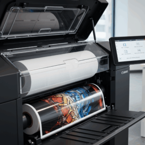 A printer's dual-roll system loaded with two different large format media rolls.