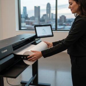 woman using large format Canon printer
