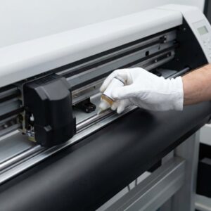 A technician wearing a white glove applies professional-grade lubricant from a bottle to the metal slider rod of a wide-format plotter printer for maintenance