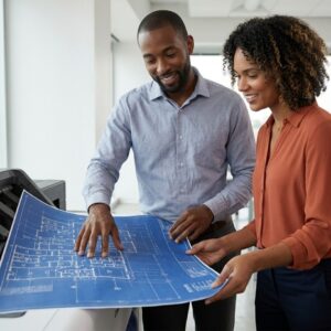 Two smiling professionals in a modern office quickly review a detailed large-format blueprint.