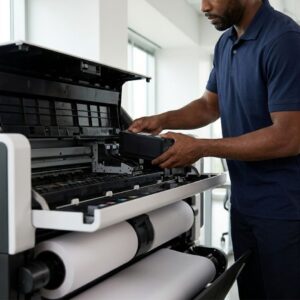 A skilled technician seamlessly replaces an ink cartridge in a large format printer during a continuous print job.