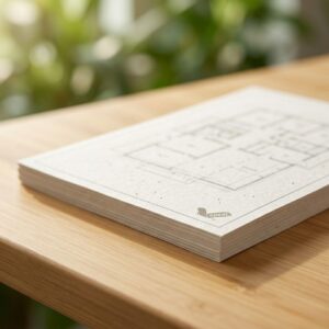 A detailed close-up of a recycled paper sheet with architectural lines, showing fine fibrous texture in a sunlit workspace.